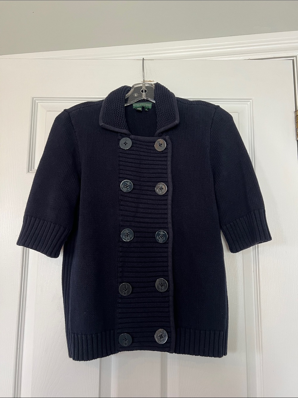 Lauren Ralph Lauren Navy Short-Sleeve Double-Breasted Knit Sweater